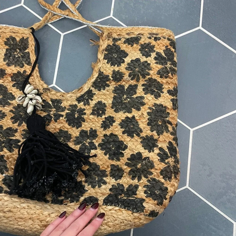 Jute Tote Bag‎ Black Floral Print Tassel Shell Detail Woven Basket Boho Beach